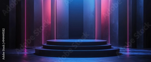 Empty stage Design for mockup and Corporate identity,Display.Platform elements in hall.Blank screen system for Graphic Resources.Scene event led night light staging.3d Background for online.3 render