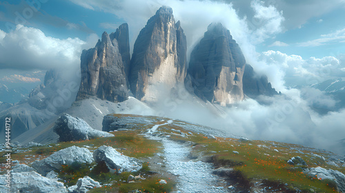 A mountain pass where 2D paths transition into 3D rocky cliffs, captured with a polarizing filter to enhance the contrast.
