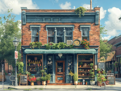 Quaint brick storefront with classic design, vibrant flowers, vintage decorations, serene street, blue sky, charming atmosphere, and inviting ambiance