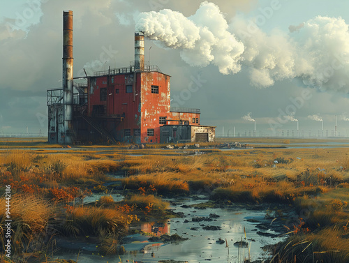 Abandoned industrial factory with smoking chimneys, nestled in a desolate marshland with a cloudy horizon. photo