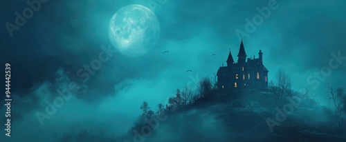 Spooky Halloween haunted manor on a hill against the moon in a foggy night, 3d render