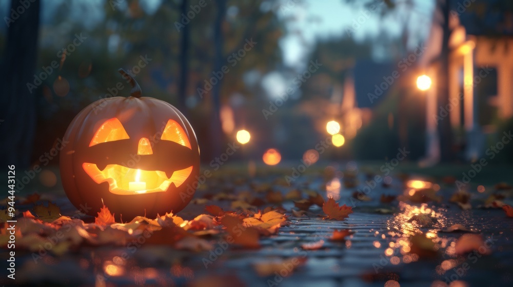 illuminated halloween pumpkin in the middle of the street at night