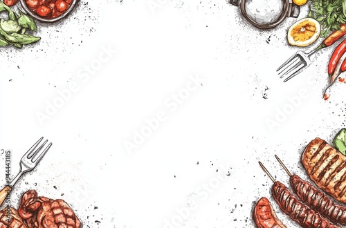 Food frame background, white space in the middle, vector illustration, food-themed border with grilled meat and vegetables, on a paper texture background, white empty tabletop view for menu design