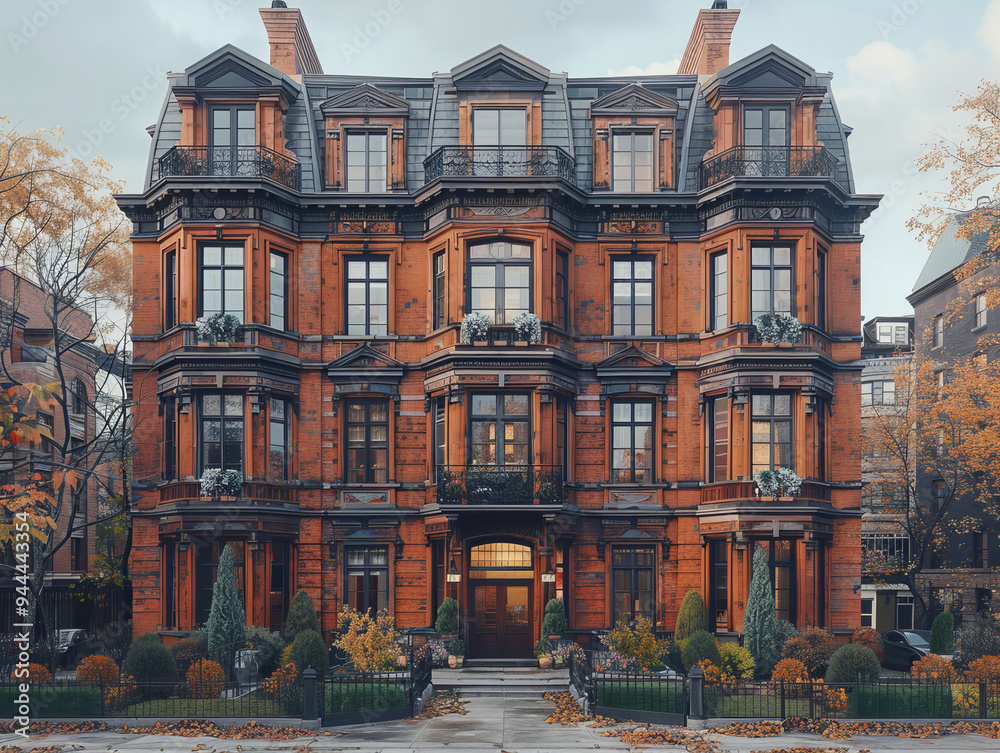 Obraz premium Historical Red Brick Mansion, Victorian Style, Earthy Tones, Fall Foliage Background, Nostalgic and Elegant Mood of Old Urban Charm