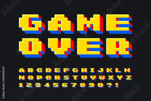 Pixel vector alphabet design, stylized like in 8-bit games. High contrast and sharp, retro-futuristic.