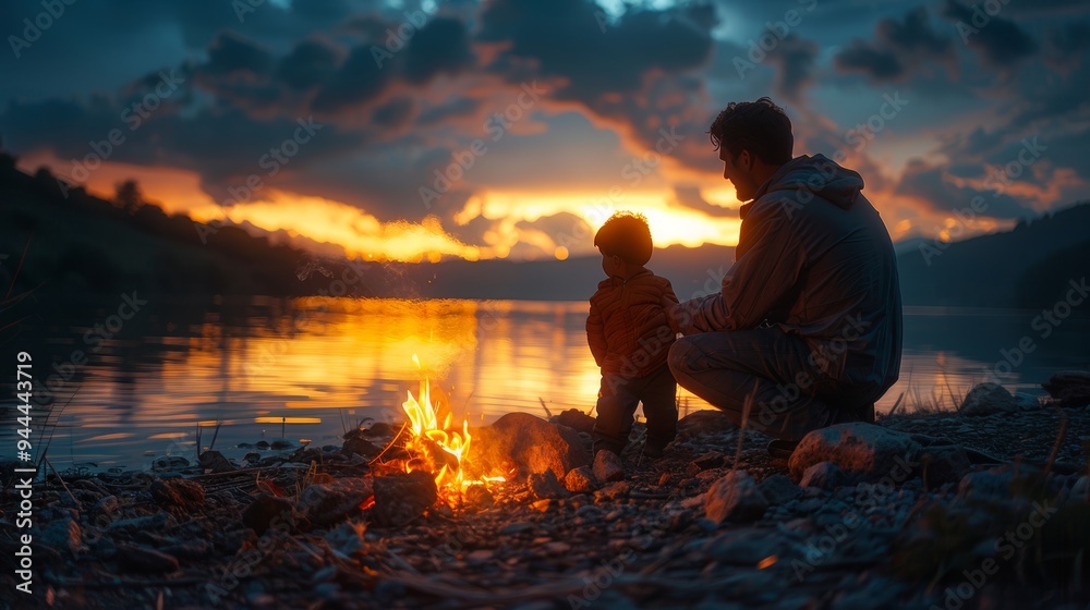 Father and son enjoying a serene evening by the campfire Father and son enjoying a serene evening by the campfire