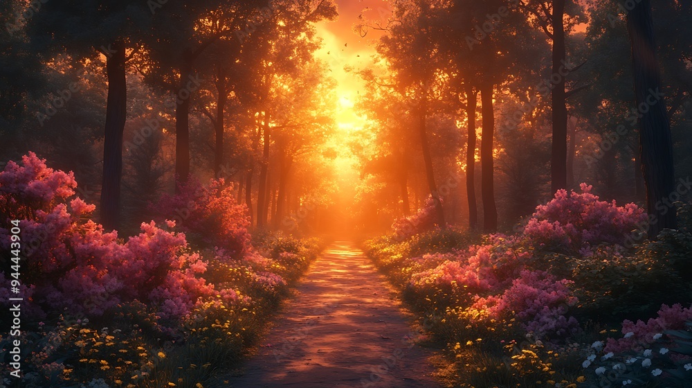 A pathway through a forest bathed in warm sunlight, with lush greenery and vibrant flowers on either side, creating a serene and magical atmosphere. A pathway through a forest bathed in warm sunlight, with lush greenery and vibrant flowers on either side, creating a serene and magical atmosphere.