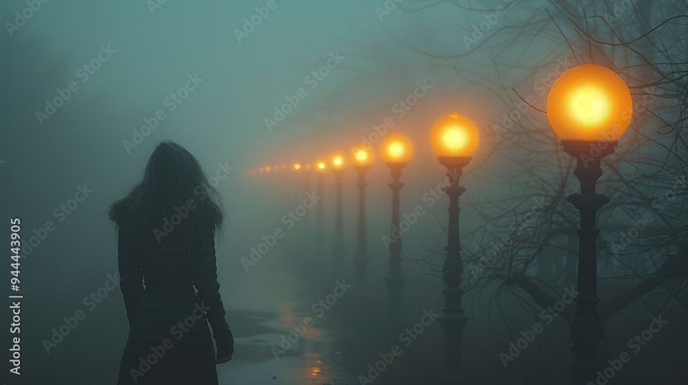 Mysterious girl walking in foggy park with glowing lamps Mysterious girl walking in foggy park with glowing lamps