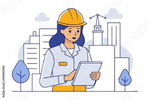 A minimalist line art illustration of a woman construction worker wearing a helmet and looking at a tablet, showcasing modern technology in construction
