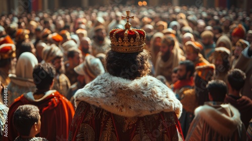 Regal king on his throne surrounded by loyal subjects in medieval hall