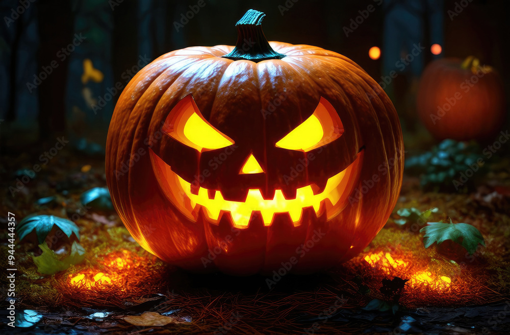 lighted Jack o Lantern pumpkin with carved grin and candle inside at forest at night, Halloween lighted Jack o Lantern pumpkin with carved grin and candle inside at forest at night, Halloween