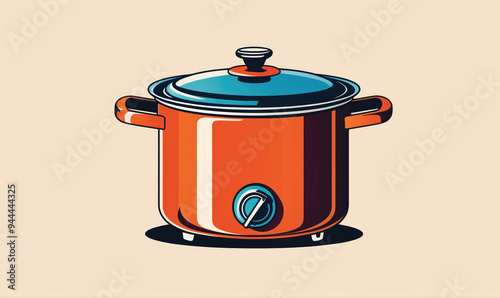 A red slow cooker with a blue lid and knob sits on a beige countertop, ready to cook up a delicious meal photo