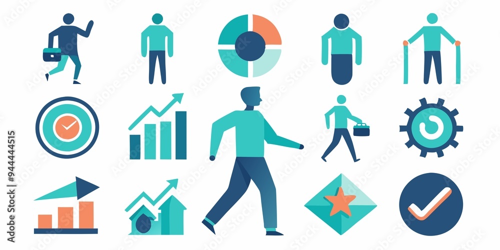 set of icons of a man walking towards a goal, transparent white background set of icons of a man walking towards a goal, transparent white background
