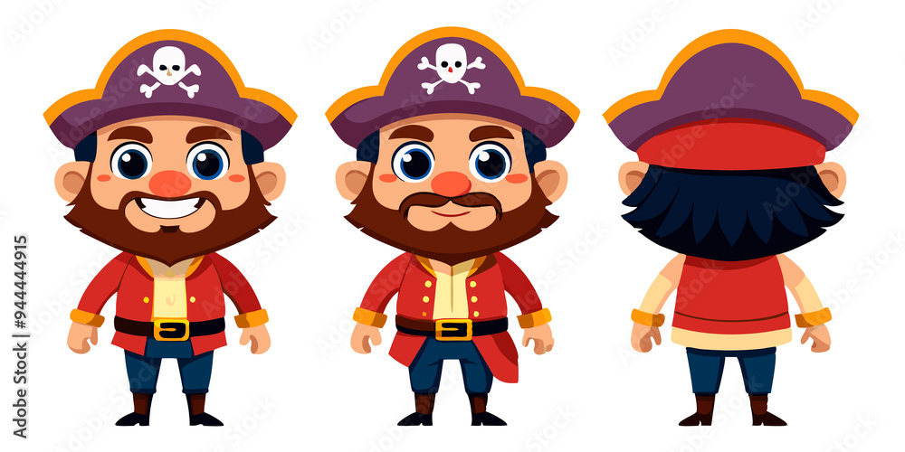 set of cartoon pirate, in a red jumper, transparent white background set of cartoon pirate, in a red jumper, transparent white background