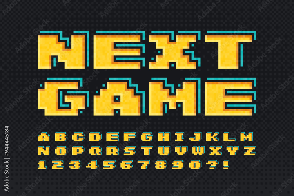 Fotografie Pixel vector alphabet design, stylized like in 8-bit games
