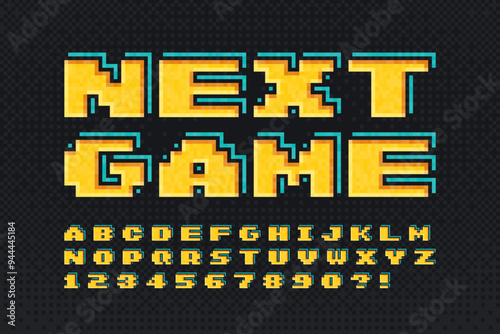Pixel vector alphabet design, stylized like in 8-bit games. High contrast and sharp, retro-futuristic.