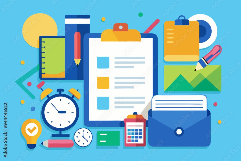 A colorful illustration depicts various office supplies scattered around a blank clipboard, including notebooks, pencils, and a clock, representing preparation and organization
A colorful illustration depicts various office supplies scattered around a blank clipboard, including notebooks, pencils, and a clock, representing preparation and organization