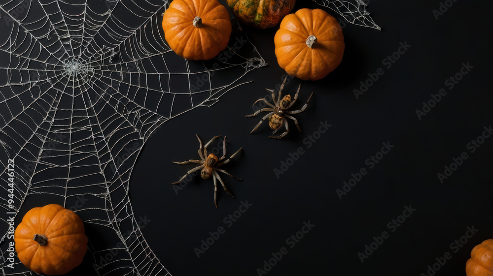 Happy halloween, mockup banner with pumpkin, candles, spiders, and spider web all on black background. Top view with copy space. Happy halloween, mockup banner with pumpkin, candles, spiders, and spider web all on black background. Top view with copy space.