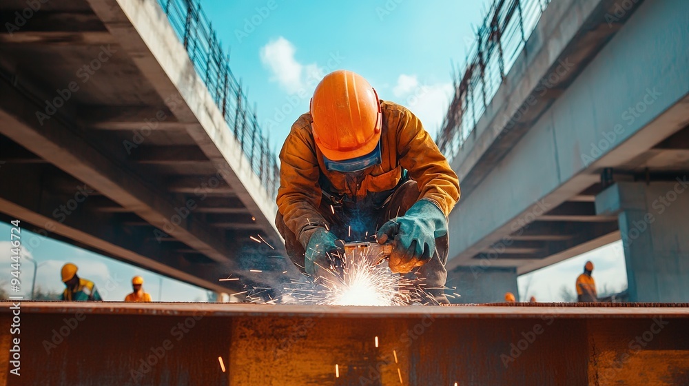 A construction worker cutting metal beams with a torch on a scaffold at a construction site A construction worker cutting metal beams with a torch on a scaffold at a construction site