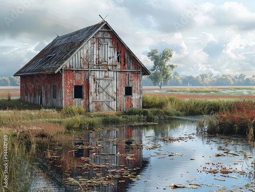 Serene Abandoned Barn with Weathered Red Siding by Reflective Pond, Rustic Aesthetic, Earthy Tones, Tranquil Background, Nostalgic Vibe