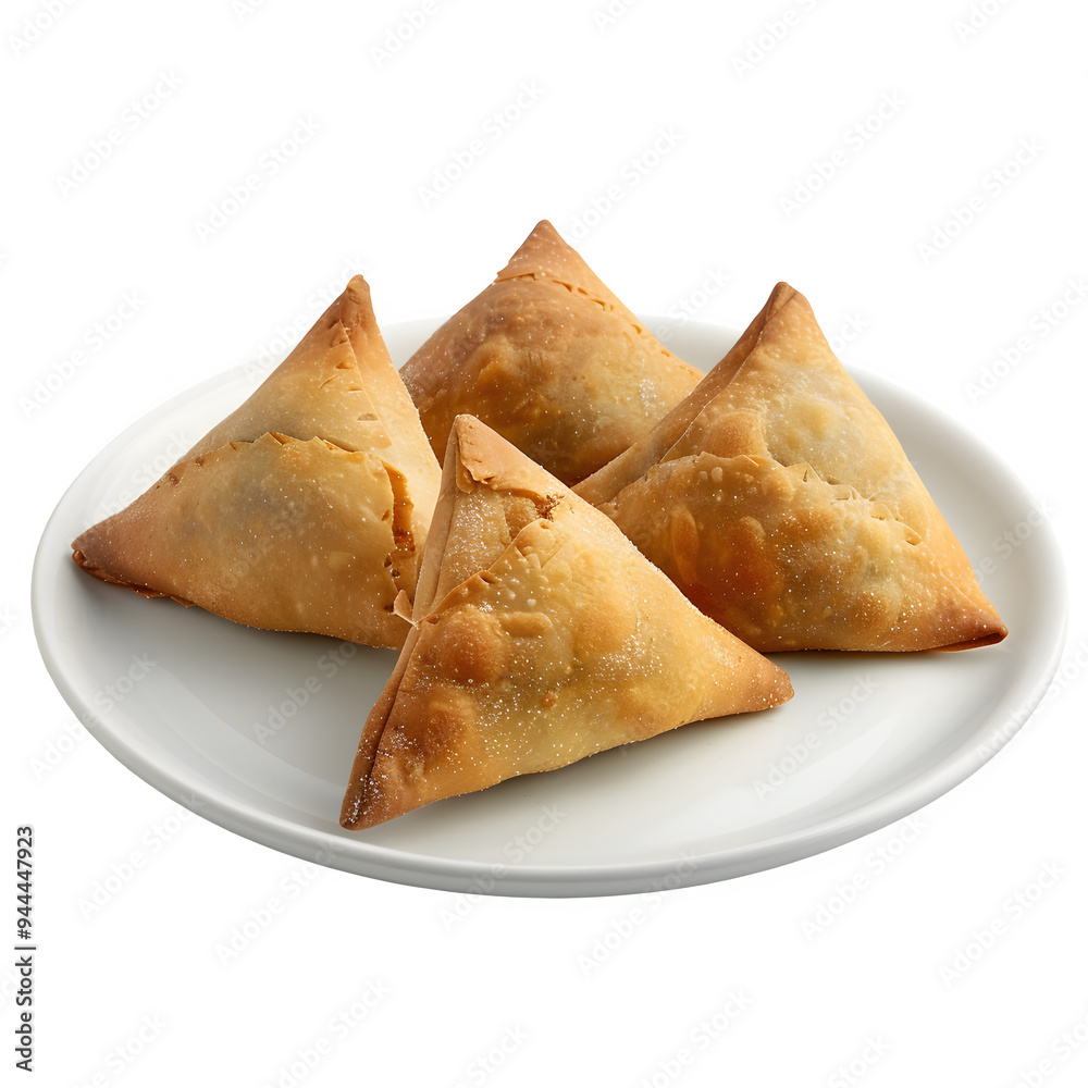 Four crispy golden samosas arranged on a white plate, isolated on a transparent background, showcasing their appetizing texture and triangular shape Four crispy golden samosas arranged on a white plate, isolated on a transparent background, showcasing their appetizing texture and triangular shape
