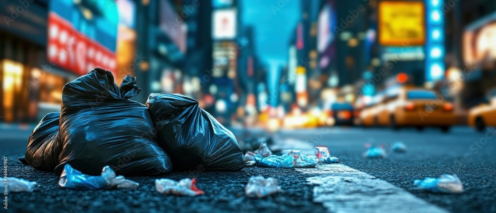 Garbage Bags Piled on City Street at Night Garbage Bags Piled on City Street at Night