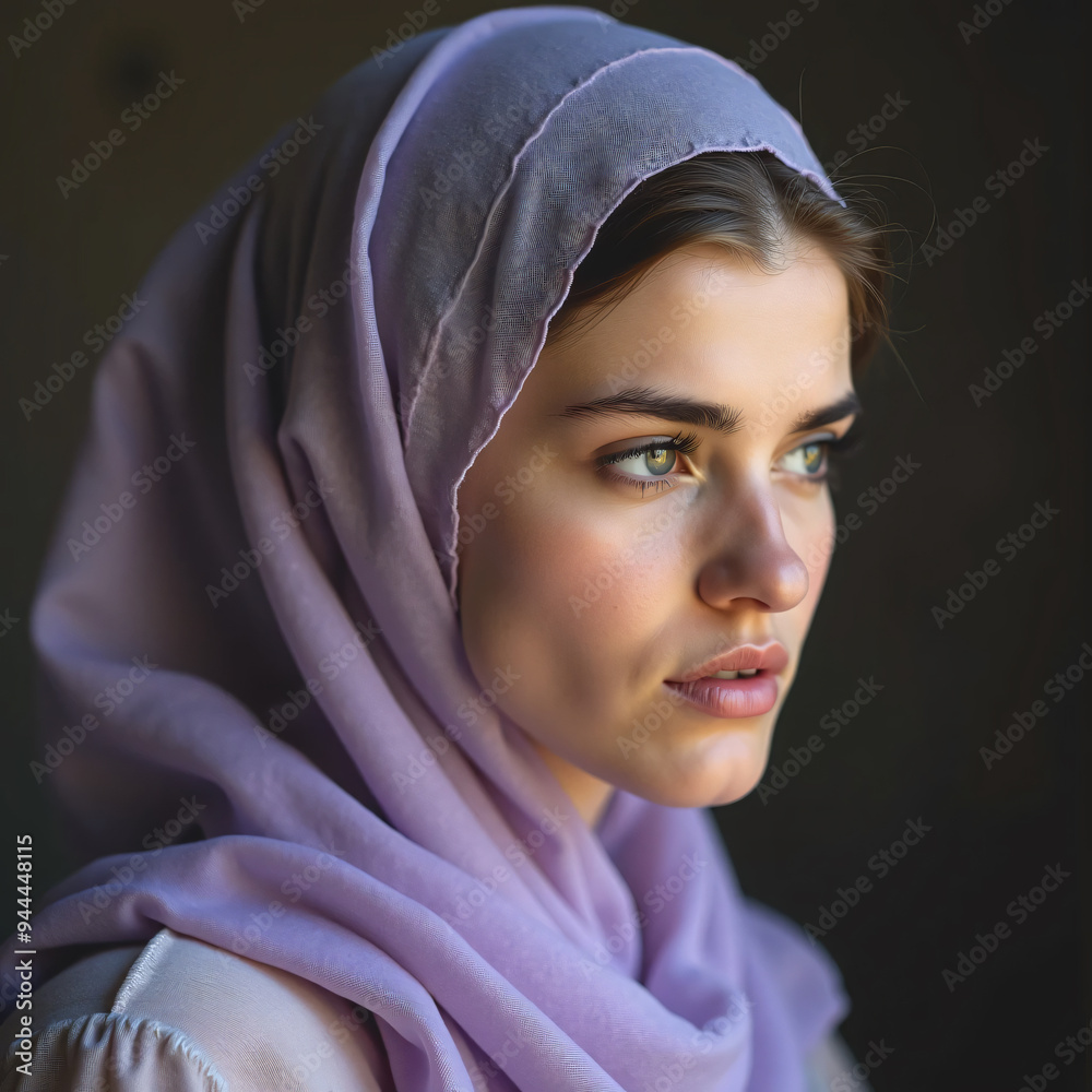 portrait of a light-eyed woman with a lilac headscarf portrait of a light-eyed woman with a lilac headscarf