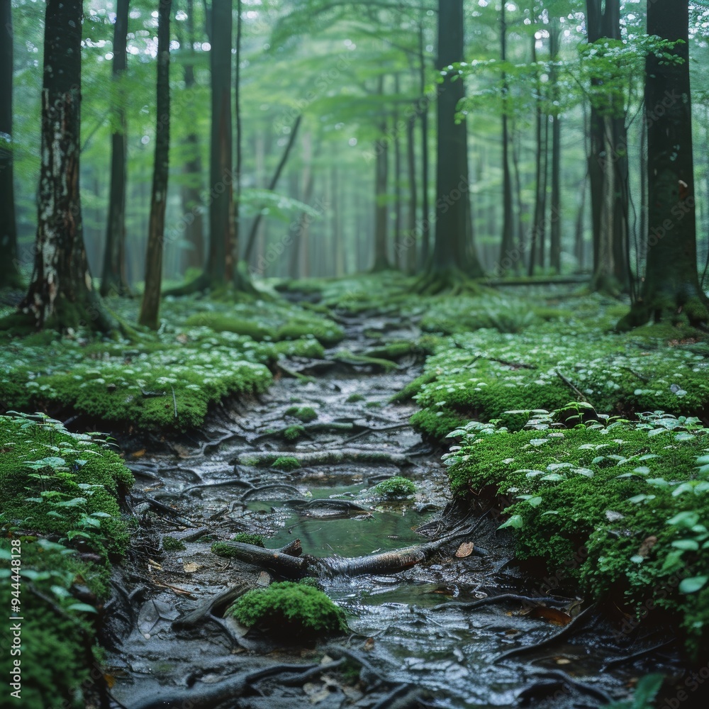 Fototapeta premium Serene forest landscape with lush green moss and winding path
