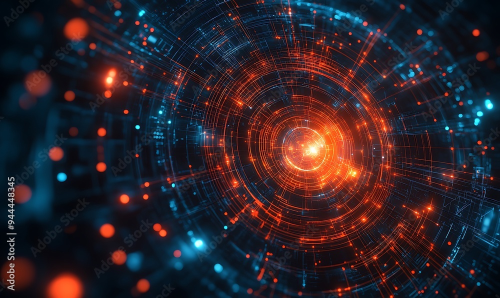 Abstract technology background with geometric circles and dots, simple vector illustration of abstract shapes in orange on a dark blue background design Abstract technology background with geometric circles and dots, simple vector illustration of abstract shapes in orange on a dark blue background design