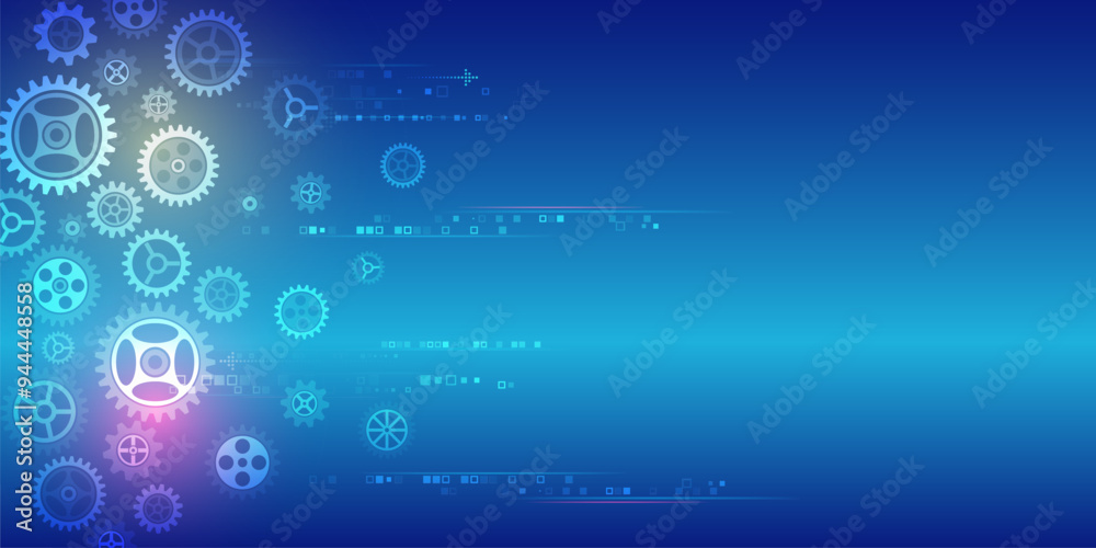 Obraz premium Cogwheel for science experiment presentation. Futuristic high tech concept. Business and industry internet banner. The mechanism consisting of gears on a blue background for the presentation.