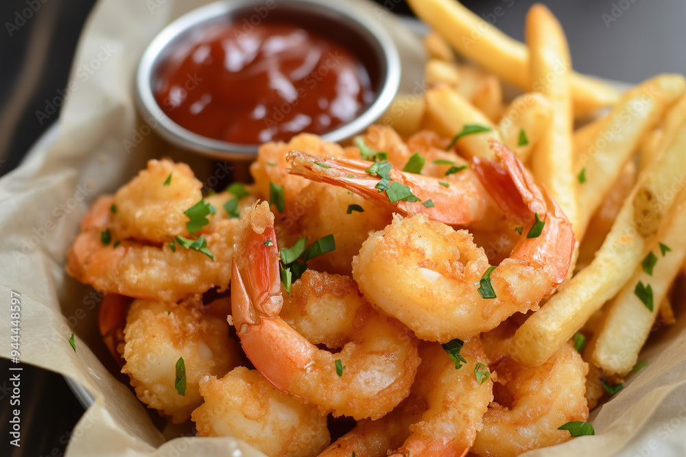 Beer-battered Shrimp served with French Fries Beer-battered Shrimp served with French Fries