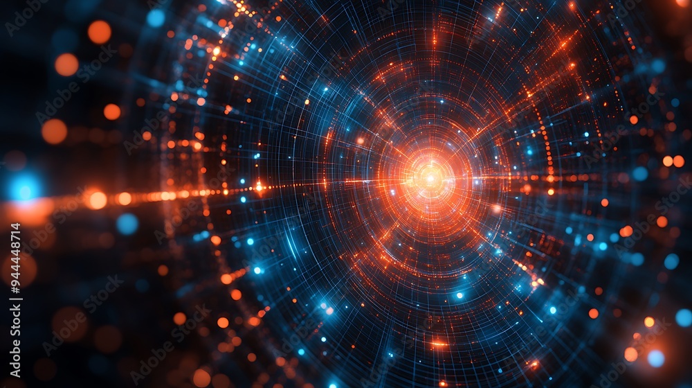 Abstract technology background with geometric circles and dots, simple vector illustration of abstract shapes in orange on a dark blue background design Abstract technology background with geometric circles and dots, simple vector illustration of abstract shapes in orange on a dark blue background design