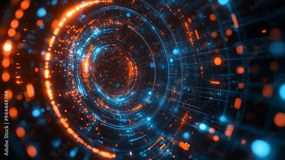 Abstract technology background with geometric circles and dots, simple vector illustration of abstract shapes in orange on a dark blue background design Abstract technology background with geometric circles and dots, simple vector illustration of abstract shapes in orange on a dark blue background design