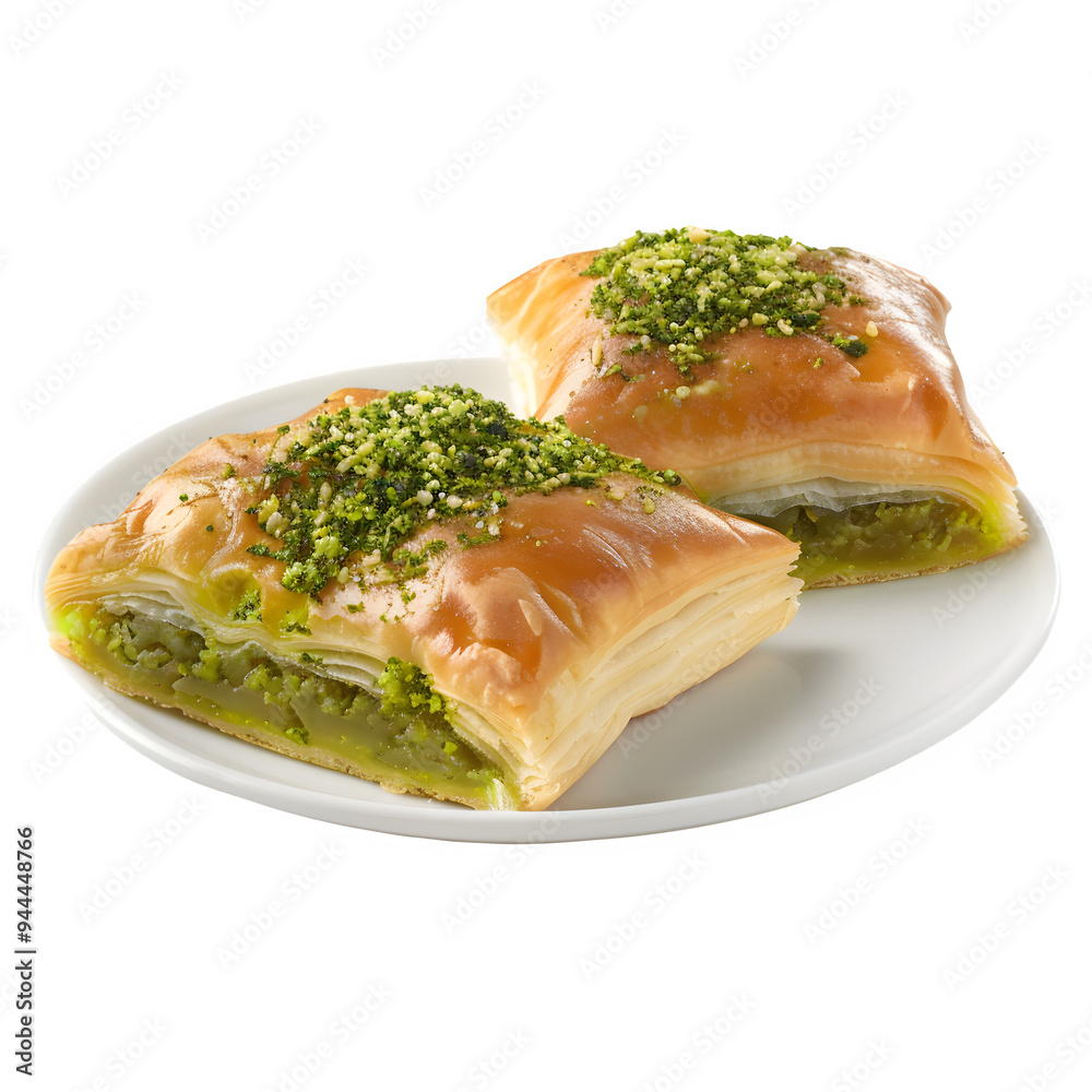 Φωτογραφία Close-up of two pieces of pistachio baklava on a white plate, showcasing layers
