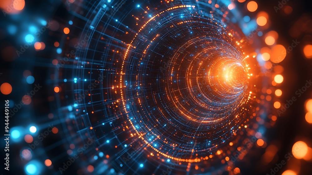 Abstract technology background with geometric circles and dots, simple vector illustration of abstract shapes in orange on a dark blue background design Abstract technology background with geometric circles and dots, simple vector illustration of abstract shapes in orange on a dark blue background design