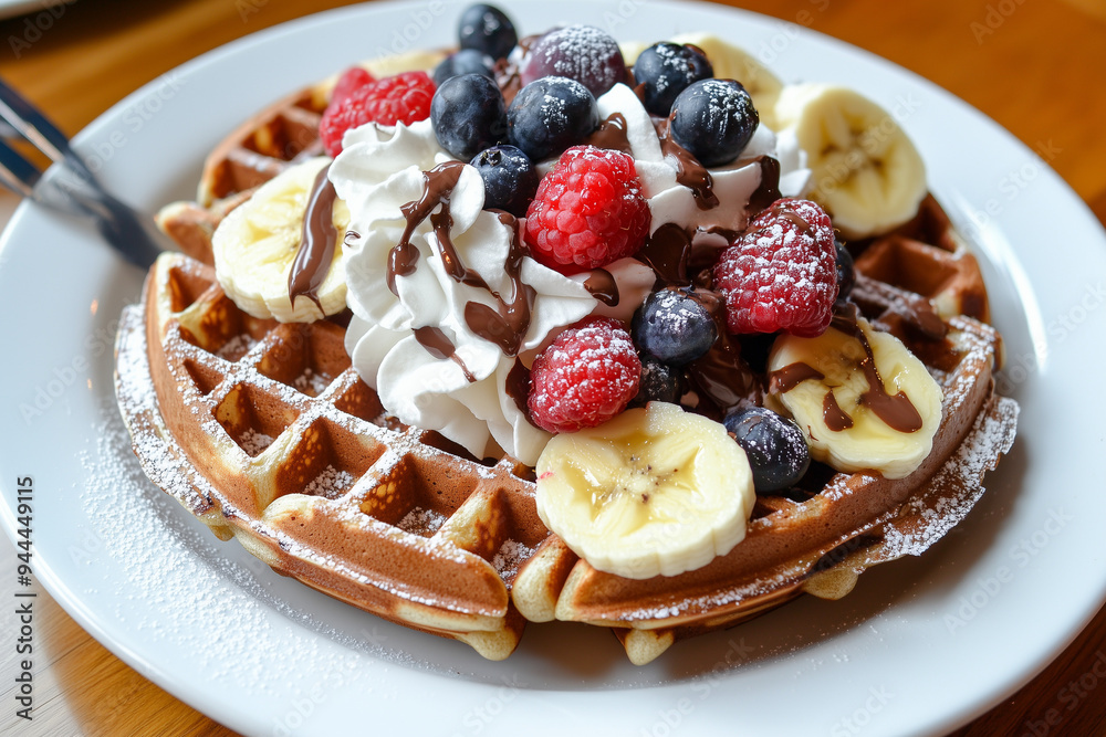 Waffle with Chocolate-Hazelnut Spread, Bananas, Berries, and Whipped Cream Waffle with Chocolate-Hazelnut Spread, Bananas, Berries, and Whipped Cream