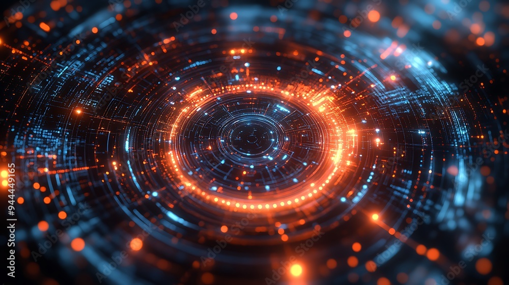 Abstract technology background with geometric circles and dots, simple vector illustration of abstract shapes in orange on a dark blue background design Abstract technology background with geometric circles and dots, simple vector illustration of abstract shapes in orange on a dark blue background design