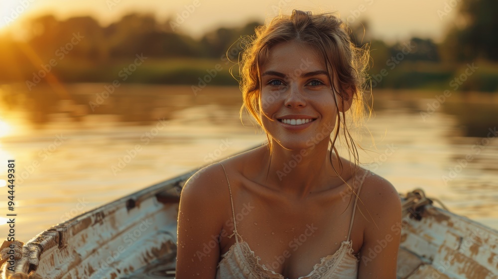 Φωτογραφία Smiling woman enjoying sunset on a boat ride on calm water