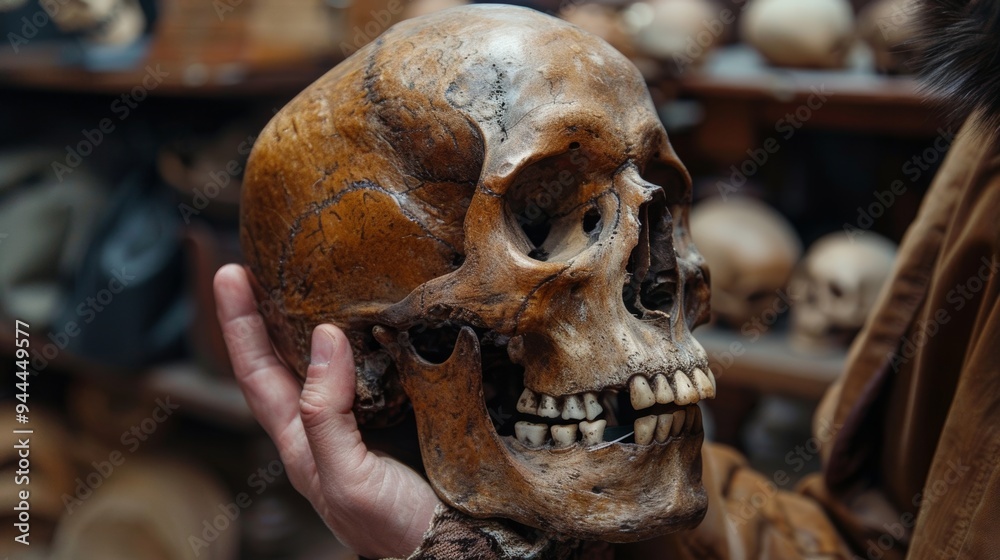 Close-up of a human skull held in hand, symbolic still life Close-up of a human skull held in hand, symbolic still life