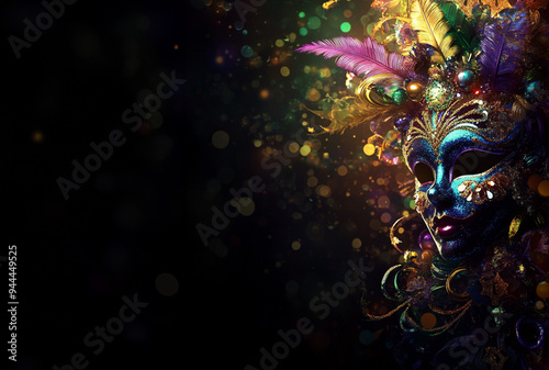 Mardi Gras carnival mask on dark background with copy space 