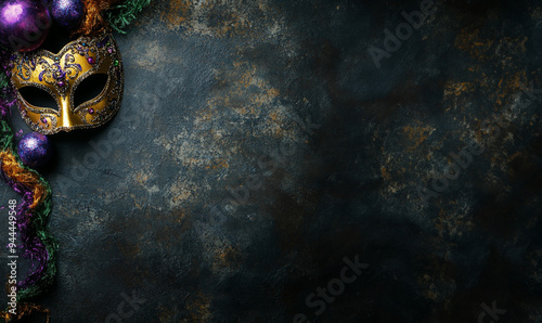 Mardi Gras carnival mask on dark textured background with copy space  photo