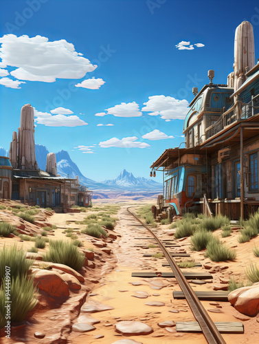 Desert Landscape with Abandoned Buildings, Weathered Structures, Sandy Ground, Clear Blue Sky, Railway Tracks, Western Style, and Historic Feel photo