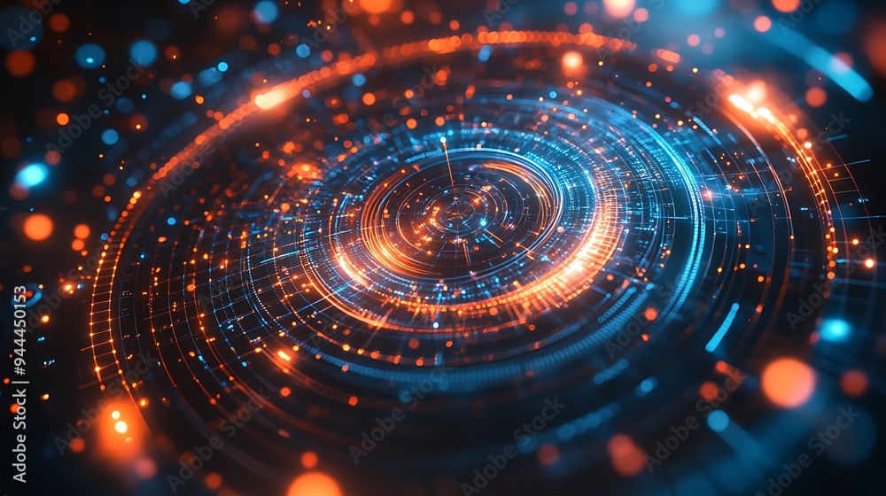 Abstract technology background with geometric circles and dots, simple vector illustration of abstract shapes in orange on a dark blue background design Abstract technology background with geometric circles and dots, simple vector illustration of abstract shapes in orange on a dark blue background design