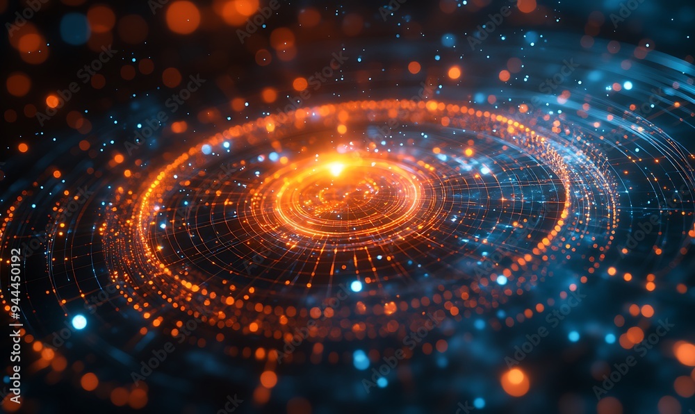 Abstract technology background with geometric circles and dots, simple vector illustration of abstract shapes in orange on a dark blue background design Abstract technology background with geometric circles and dots, simple vector illustration of abstract shapes in orange on a dark blue background design