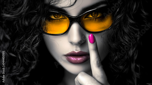 Woman wearing yellow sunglasses with a finger on her lips