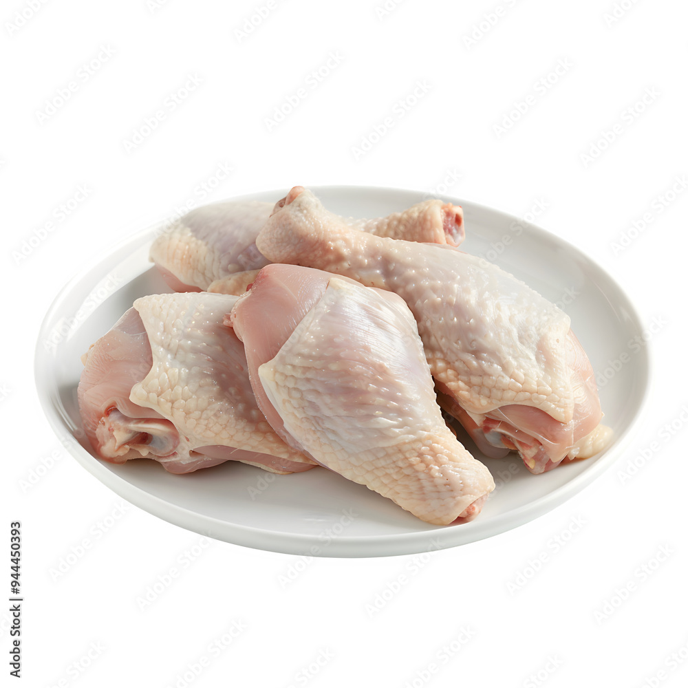 Fresh raw chicken drumsticks arranged on a white plate, ideal for culinary and food-related projects Fresh raw chicken drumsticks arranged on a white plate, ideal for culinary and food-related projects