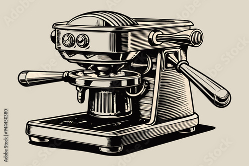 A detailed, hand-drawn illustration of an espresso portafilter, showcasing intricate lines and shading. Ideal for coffee lovers or vintage art enthusiasts
