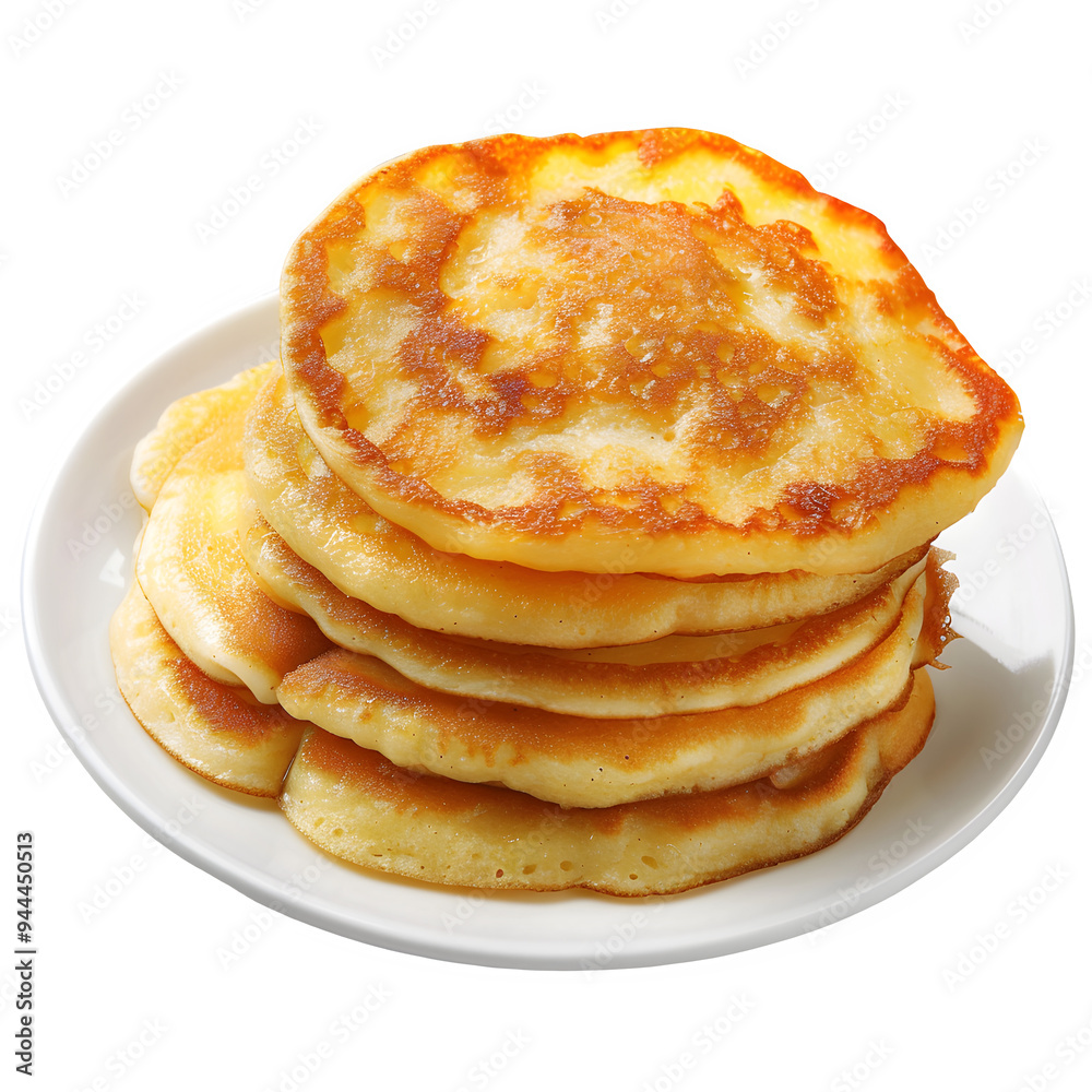 Yummy pile of classic ukrainian syrniki pancakes served on a clean white plate, set against a clear background Yummy pile of classic ukrainian syrniki pancakes served on a clean white plate, set against a clear background