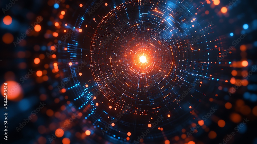 Abstract technology background with geometric circles and dots, simple vector illustration of abstract shapes in orange on a dark blue background design Abstract technology background with geometric circles and dots, simple vector illustration of abstract shapes in orange on a dark blue background design