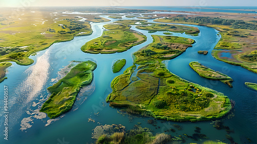 A river delta where 2D water channels blend into 3D landscapes, captured with a drone for a top-down view.